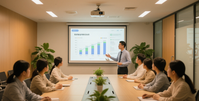 服务业智能排班场景：办公室内管理员查看电脑排班系统，客服坐席员正在接听客户电话
